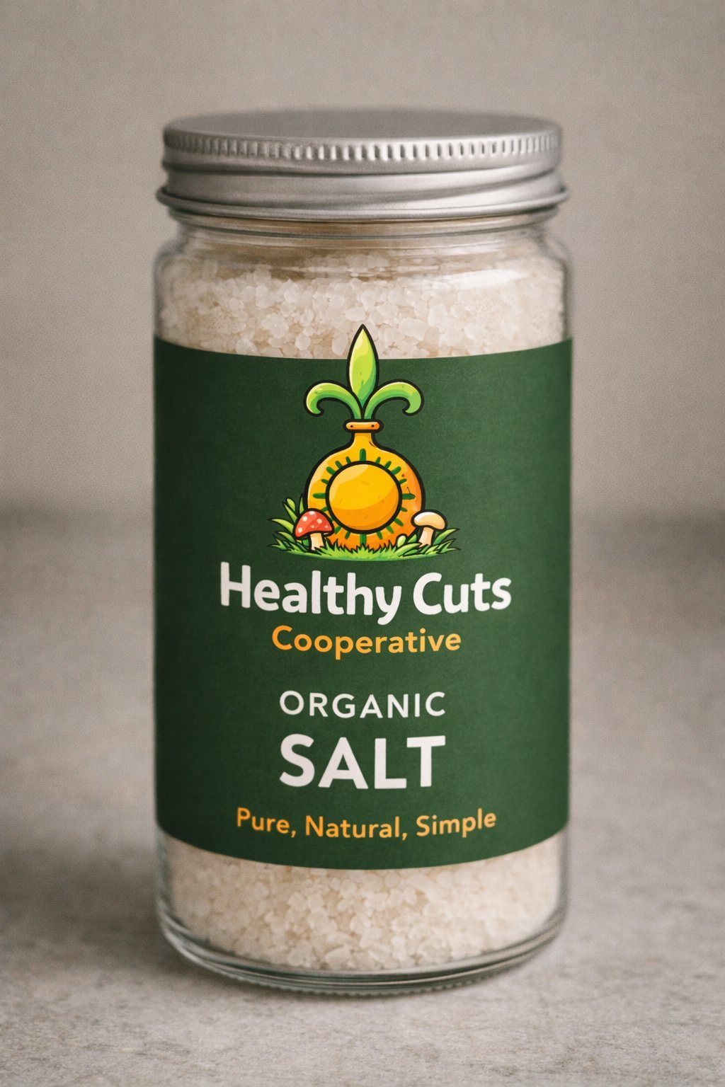 Healthy Cuts Cooperative organic salt jar with green label, filled with white sea salt crystals